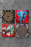 Fil, Kuş, Sri Yantra, Yaşam Çiçeği Taş Bardak Altlığı Masaüstü Koruyucu Altlık 4 Parça Set 10x10cm Stone Coasters