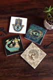 Nazar, Şahmeran, Hayat Ağacı, Fatma Ana Eli (Hamsa) Taş Bardak Altlığı Masaüstü Koruyucu Altlık 4 Parça Set 10x10cm Stone Coasters
