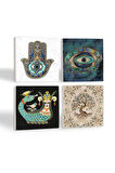Nazar, Şahmeran, Hayat Ağacı, Fatma Ana Eli (Hamsa) Taş Bardak Altlığı Masaüstü Koruyucu Altlık 4 Parça Set 10x10cm Stone Coasters