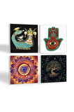 Mandala, Fatma Ana Eli (Hamsa), Hayat Ağacı, Şahmeran Taş Bardak Altlığı Masaüstü Koruyucu Altlık 4 Parça Set 10x10cm Stone Coasters