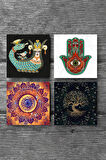 Mandala, Fatma Ana Eli (Hamsa), Hayat Ağacı, Şahmeran Taş Bardak Altlığı Masaüstü Koruyucu Altlık 4 Parça Set 10x10cm Stone Coasters
