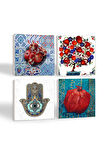 Nar Ağacı, Nar, Fatma Ana Eli (Hamsa) Taş Bardak Altlığı Masaüstü Koruyucu Altlık 4 Parça Set 10x10cm Stone Coasters