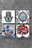 Çini Sanatı, Yelkenli Gemi, Nar Ağacı, Fatma Ana Eli (Hamsa) Taş Bardak Altlığı Masaüstü Koruyucu Altlık 4 Parça Set 10x10cm Stone Coasters