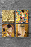 Gustav Klimt Yelpazeli Kadın, Altın Gözyaşları, Öpücük, Hayat Ağacı Taş Bardak Altlığı Masaüstü Koruyucu Altlık 4 Parça Set 10x10cm Stone Coasters