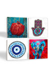 Nazar, Fil, Fatma Ana Eli (Hamsa), Nar Taş Bardak Altlığı Masaüstü Koruyucu Altlık 4 Parça Set 10x10cm Stone Coasters