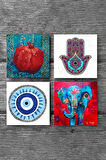 Nazar, Fil, Fatma Ana Eli (Hamsa), Nar Taş Bardak Altlığı Masaüstü Koruyucu Altlık 4 Parça Set 10x10cm Stone Coasters