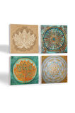 Yaşam Çiçeği, Lotus Çiçeği, Sri Yantra Taş Bardak Altlığı Masaüstü Koruyucu Altlık 4 Parça Set 10x10cm Stone Coasters