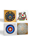 Nazar, Sri Yantra, Şahmeran Taş Bardak Altlığı Masaüstü Koruyucu Altlık 4 Parça Set 10x10cm Stone Coasters