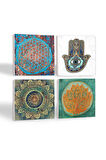 Mandala, Yaşam Çiçeği, Lotus Çiçeği, Fatma Ana Eli (Hamsa) Taş Bardak Altlığı Masaüstü Koruyucu Altlık 4 Parça Set 10x10cm Stone Coasters