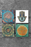 Mandala, Yaşam Çiçeği, Lotus Çiçeği, Fatma Ana Eli (Hamsa) Taş Bardak Altlığı Masaüstü Koruyucu Altlık 4 Parça Set 10x10cm Stone Coasters
