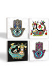 Şahmeran, Fatma Ana Eli (Hamsa) Taş Bardak Altlığı Masaüstü Koruyucu Altlık 4 Parça Set 10x10cm Stone Coasters