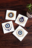 Nazar Taş Bardak Altlığı Masaüstü Koruyucu Altlık 4 Parça Set 10x10cm Stone Coasters