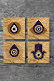 Fatma Ana Eli (Hamsa), Nazar Taş Bardak Altlığı Masaüstü Koruyucu Altlık 4 Parça Set 10x10cm Stone Coasters