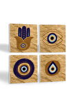 Fatma Ana Eli (Hamsa), Nazar Taş Bardak Altlığı Masaüstü Koruyucu Altlık 4 Parça Set 10x10cm Stone Coasters