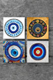 Nazar Taş Bardak Altlığı Masaüstü Koruyucu Altlık 4 Parça Set 10x10cm Stone Coasters