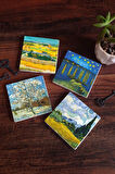 Van Gogh Buğday Tarlası, Şeftali Ağacı, Hasat Manzarası, Ren Nehri’nde Bir Gece Taş Bardak Altlığı Masaüstü Koruyucu Altlık 4 Parça Set 10x10cm Stone Coasters