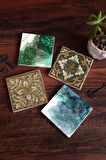 Soyut Sanat, Desen Taş Bardak Altlığı Masaüstü Koruyucu Altlık 4 Parça Set 10x10cm Stone Coasters