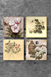 Vintage Çiçek, Kelebekli Çiçek Taş Bardak Altlığı Masaüstü Koruyucu Altlık 4 Parça Set 10x10cm Stone Coasters