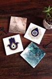 Fatma Ana Eli (Hamsa), Nazar, Soyut Sanat Taş Bardak Altlığı Masaüstü Koruyucu Altlık 4 Parça Set 10x10cm Stone Coasters