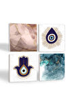 Fatma Ana Eli (Hamsa), Nazar, Soyut Sanat Taş Bardak Altlığı Masaüstü Koruyucu Altlık 4 Parça Set 10x10cm Stone Coasters