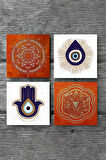 Fatma Ana Eli (Hamsa), Nazar, Sri Yantra, Mandala Taş Bardak Altlığı Masaüstü Koruyucu Altlık 4 Parça Set 10x10cm Stone Coasters