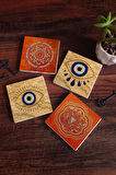 Nazar, Sri Yantra, Mandala Taş Bardak Altlığı Masaüstü Koruyucu Altlık 4 Parça Set 10x10cm Stone Coasters