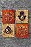 Fatma Ana Eli (Hamsa), Nazar, Sri Yantra, Mandala Taş Bardak Altlığı Masaüstü Koruyucu Altlık 4 Parça Set 10x10cm Stone Coasters
