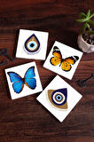 Nazar, Kelebek Taş Bardak Altlığı Masaüstü Koruyucu Altlık 4 Parça Set 10x10cm Stone Coasters