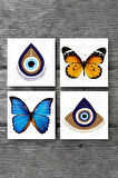 Nazar, Kelebek Taş Bardak Altlığı Masaüstü Koruyucu Altlık 4 Parça Set 10x10cm Stone Coasters