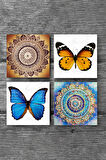 Mandala, Kelebek Taş Bardak Altlığı Masaüstü Koruyucu Altlık 4 Parça Set 10x10cm Stone Coasters