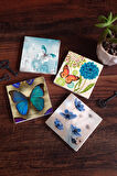 Kelebek Taş Bardak Altlığı Masaüstü Koruyucu Altlık 4 Parça Set 10x10cm Stone Coasters