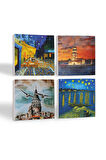 Van Gogh Ren Nehri, Kafe Terasta Gece, İstanbul Galata Kulesi, Kız Kulesi Taş Bardak Altlığı Masaüstü Koruyucu Altlık 4 Parça Set 10x10cm Stone Coasters
