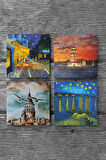 Van Gogh Ren Nehri, Kafe Terasta Gece, İstanbul Galata Kulesi, Kız Kulesi Taş Bardak Altlığı Masaüstü Koruyucu Altlık 4 Parça Set 10x10cm Stone Coasters