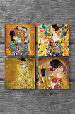 Gustav Klimt Yelpazeli Kadın, Bauer'in Portresi, Aile Kucaklama, Öpücük Taş Bardak Altlığı Masaüstü Koruyucu Altlık 4 Parça Set 10x10cm Stone Coasters