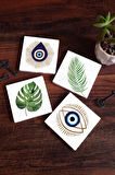 Nazar, Yaprak Taş Bardak Altlığı Masaüstü Koruyucu Altlık 4 Parça Set 10x10cm Stone Coasters