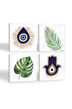 Fatma Ana Eli (Hamsa), Nazar, Yaprak Taş Bardak Altlığı Masaüstü Koruyucu Altlık 4 Parça Set 10x10cm Stone Coasters