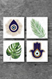 Fatma Ana Eli (Hamsa), Nazar, Yaprak Taş Bardak Altlığı Masaüstü Koruyucu Altlık 4 Parça Set 10x10cm Stone Coasters