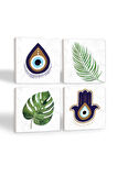 Nazar, Fatma Ana Eli (Hamsa), Yaprak Taş Bardak Altlığı Masaüstü Koruyucu Altlık 4 Parça Set 10x10cm Stone Coasters