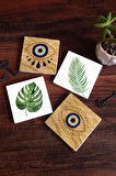 Nazar, Yaprak Taş Bardak Altlığı Masaüstü Koruyucu Altlık 4 Parça Set 10x10cm Stone Coasters