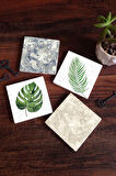 Yaprak, Desen Taş Bardak Altlığı Masaüstü Koruyucu Altlık 4 Parça Set 10x10cm Stone Coasters