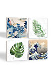 Fuji Dağı Japon Sanatı, Büyük Dalga, Yaprak Taş Bardak Altlığı Masaüstü Koruyucu Altlık 4 Parça Set 10x10cm Stone Coasters
