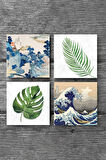 Fuji Dağı Japon Sanatı, Büyük Dalga, Yaprak Taş Bardak Altlığı Masaüstü Koruyucu Altlık 4 Parça Set 10x10cm Stone Coasters