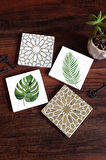 Etnik Desen, Yaprak Taş Bardak Altlığı Masaüstü Koruyucu Altlık 4 Parça Set 10x10cm Stone Coasters