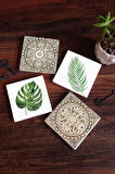 Etnik Desen, Yaprak Taş Bardak Altlığı Masaüstü Koruyucu Altlık 4 Parça Set 10x10cm Stone Coasters
