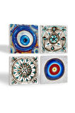 Nazar, Çini Sanatı Taş Bardak Altlığı Masaüstü Koruyucu Altlık 4 Parça Set 10x10cm Stone Coasters