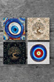 Nazar, Hayat Ağacı Taş Bardak Altlığı Masaüstü Koruyucu Altlık 4 Parça Set 10x10cm Stone Coasters