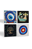 Nazar, Hayat Ağacı, Şahmeran Taş Bardak Altlığı Masaüstü Koruyucu Altlık 4 Parça Set 10x10cm Stone Coasters