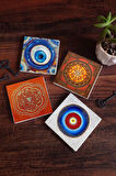 Nazar, Sri Yantra Taş Bardak Altlığı Masaüstü Koruyucu Altlık 4 Parça Set 10x10cm Stone Coasters