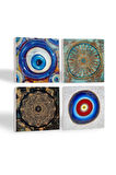 Nazar, Sri Yantra, Yaşam Çiçeği Taş Bardak Altlığı Masaüstü Koruyucu Altlık 4 Parça Set 10x10cm Stone Coasters