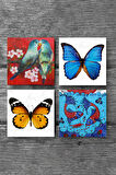 Kelebek, Kuş, Çini Sanatı Balık Taş Bardak Altlığı Masaüstü Koruyucu Altlık 4 Parça Set 10x10cm Stone Coasters